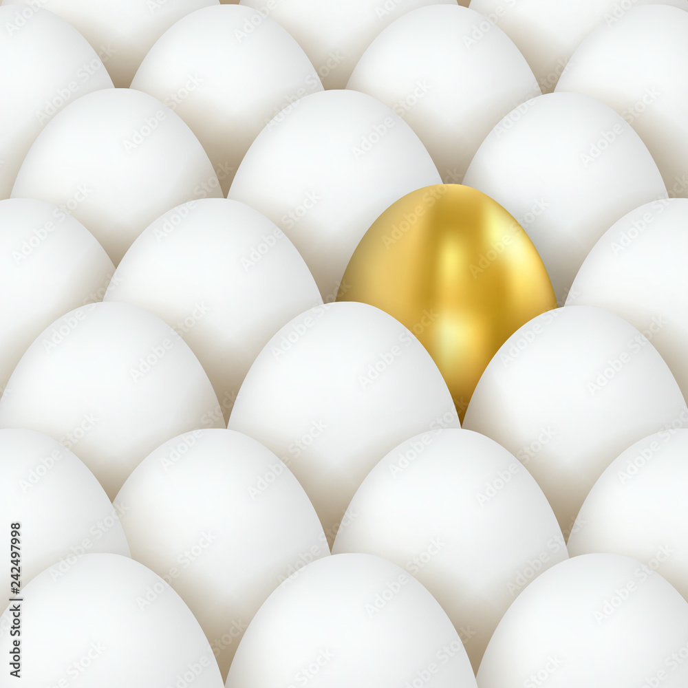 3d golden and white eggs. Eggs concept. Golden Egg Among White Eggs 3d golden and white eggs. Eggs concept. Golden Egg Among White Eggs