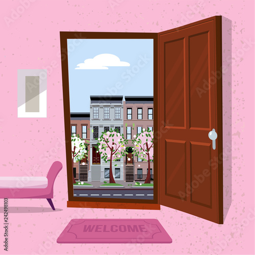 interior of hallway with open wood door overlooking sping cityscape with houses and blooming trees. Furniture inside Soft bench, picture, mat against a textured wall. Flat cartoon vector illustration