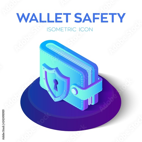 Wallet with Security Shield Icon. 3D Isometric Protect Wallet Icon. Private secure. Protect Savings, Safety, Economy Concept. Financial security in cashless and cash settlements. Vector Illustration.