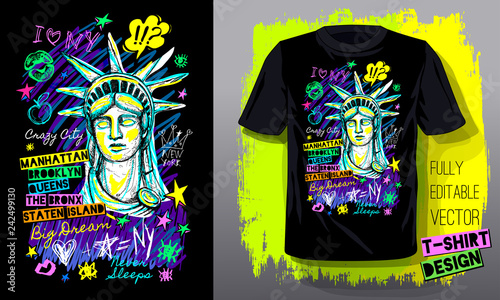 New York, city, american liberty, freedom, monument. Trendy t-shirt template, fashion t shirt design, bright summer, cool slogan lettering. Color pencil, marker, ink pen doodles sketch style