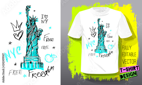 New York, city, american liberty, freedom, monument. Trendy t-shirt template, fashion t shirt design, bright summer, cool slogan lettering. Color pencil, marker ink, pen doodles sketch style