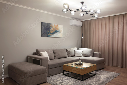 Grey corner couch with three pillows standing in bright living room interior with painting and carpet.Lightning on.