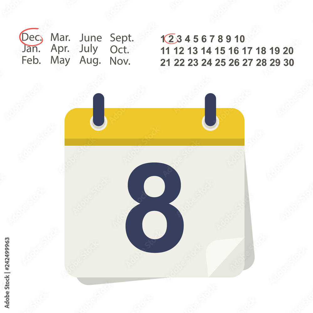 Calendar icon with the selection of the month and date with number 8.  Vector illustration. Stock Vector | Adobe Stock