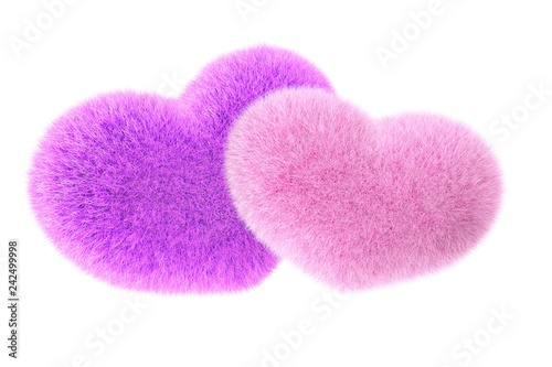 Furry heart. Heart from red fur. 3d render of pink and blue heart illustration isolated on white background. photo