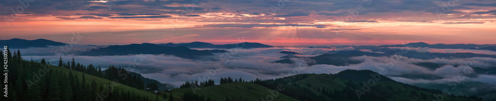 Panoramic photo of Mountain range through the morning colorful fog in the summer. Beautiful sunrise in the Carpathian Mountains with visible silhouettes and pink clouds in the sun rays.