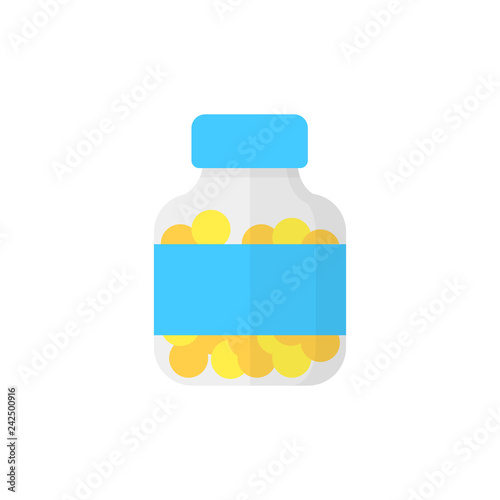 Transparent pill bottle illustration. Jar, label, medication. Medicine concept. Can be used for topics like pharmacy, treatment, health care