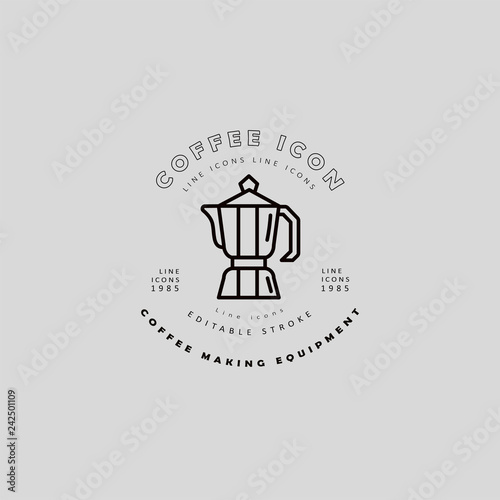 Vector icon and logo for coffee making equipment. Editable outline stroke size. Line flat contour, thin and linear design. Simple icons. Concept illustration. Sign, symbol, element.