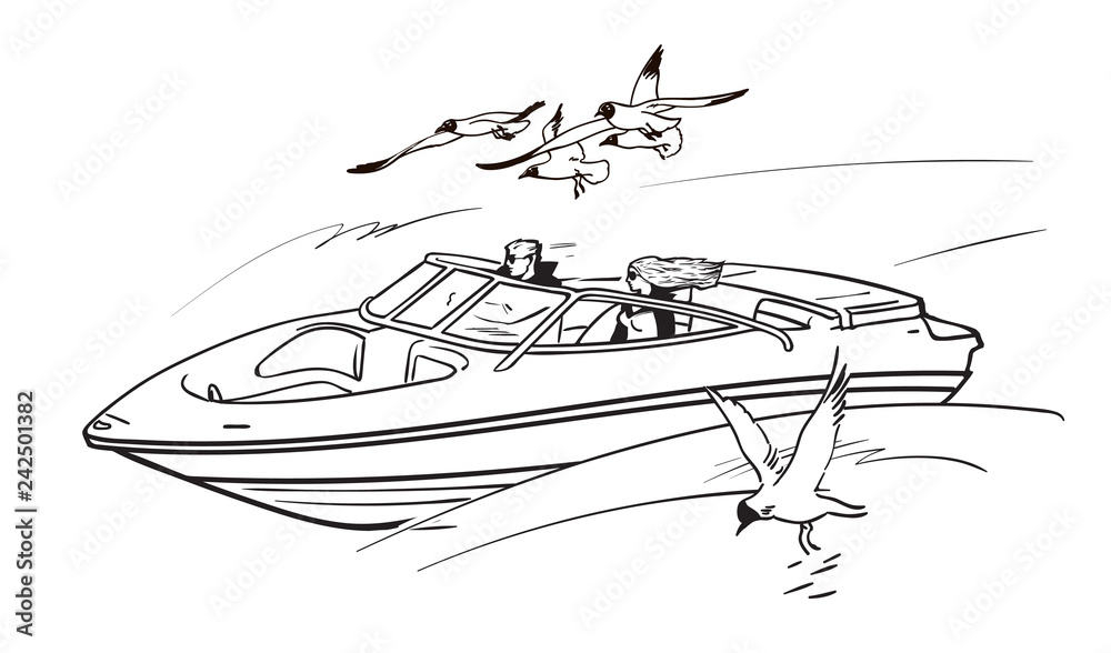 Vector Speed Boat, Hand Draw Vector. Stock Vector - Illustration