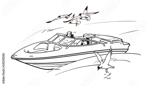 Young couple man and woman, driving speed motor boat among flying seagulls. Boy and girl on summer vacation. Sketch style hand drawn vector illustration.