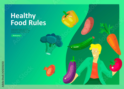 Landing page templates with people who prepare healthy organic food, simple recipes, how to choose products in the supermarket, food delivery and fast food. Culinary blog or diet concept