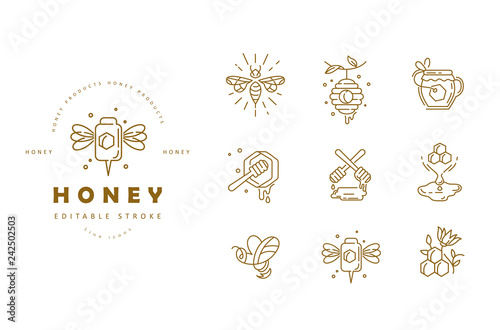 Vector icon and logo honey. Editable outline stroke size. Line flat contour, thin and linear design. Simple icons. Concept illustration. Sign, symbol, element.