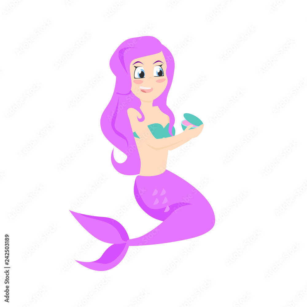 Beautiful mermaid opening gift. Cartoon character, girl, present. Communication concept. Can be used for topics like jewelry, sea life, fairy tail