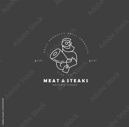 Vector icon and logo for meat and grill cafe or steak restaurant. Editable outline stroke size. Line flat contour, thin and linear design. Simple icons. Concept illustration. Sign, symbol, element.