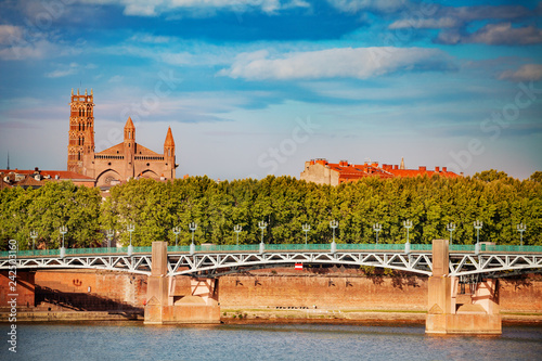 Garonne river embankment in summer, Toulouse, France