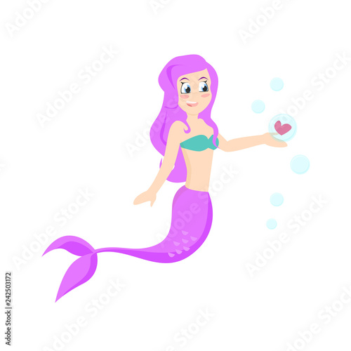Beautiful mermaid holding heart inside bubble. Cartoon character, girl, female. Valentines day concept. Can be used for topics like dating, love, romance