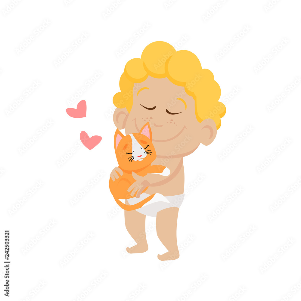 Cute baby cupid hugging red kitten. Tenderness, cat, heart. Valentines day concept. Can be used for topics like love, romance, dating Cute baby cupid hugging red kitten. Tenderness, cat, heart. Valentines day concept. Can be used for topics like love, romance, dating