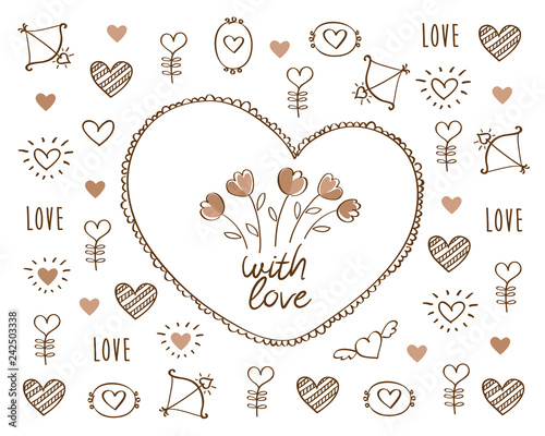 Greeting card for Valentine's Day, Mother's Day, Father's Day, birthday, wedding with vintage heart, flowers and hand drawn elements. Doodles, sketch. Vector illustration.