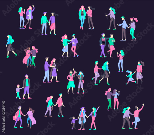 Vector people character walking on the street in autumn or winter clothes, friends and couples. Colorful Group of male and female flat cartoon characters