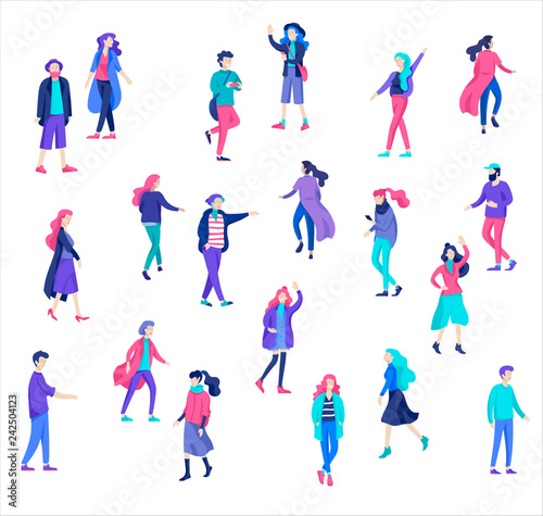 Vector people character walking on the street in autumn or winter clothes, friends and couples. Colorful Group of male and female flat cartoon characters