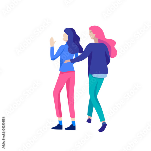 Vector people character walking on the street in autumn or winter clothes, friends and couples. Colorful Group of male and female flat cartoon characters