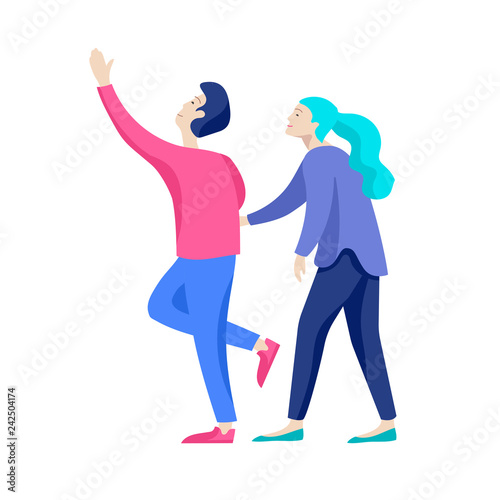 Vector people character walking on the street in autumn or winter clothes, friends and couples. Colorful Group of male and female flat cartoon characters
