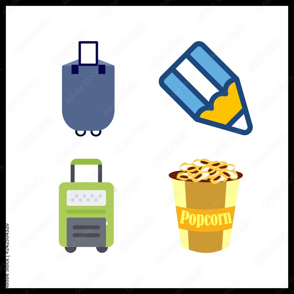 4 large icon. Vector illustration large set. pencil and popcorn icons for large works 4 large icon. Vector illustration large set. pencil and popcorn icons for large works