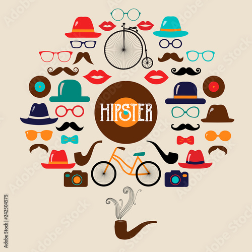 Hipster Colorful Retro Vintage Vector Icon Set. Illustrations of hats, glasses, lips and moustaches.