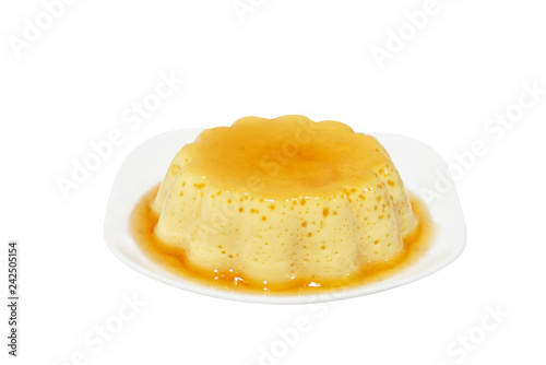 Custard Pudding on white plate. (with clipping path)