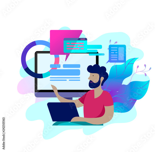 Concept Landing page template customer service, male hotline operator advises client, online global technical support, customer and operator