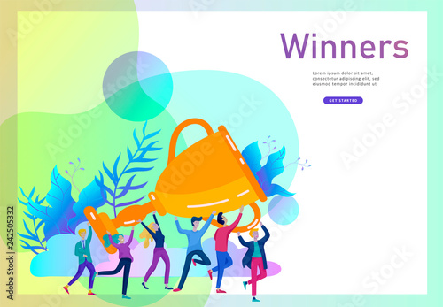 Business Team Success hold Golden winner cup, concept of people are happy with victory. Office Workers Celebrating with Big Trophy, ways goals, first place in business, financial growth. Landing page