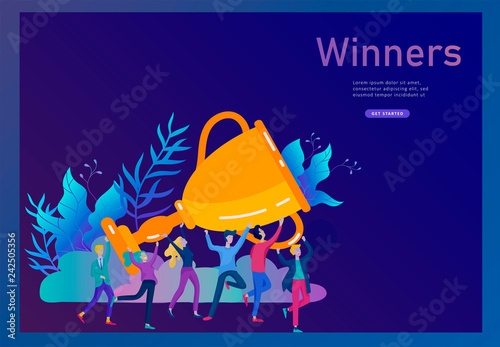 Business Team Success hold Golden winner cup, concept of people are happy with victory. Office Workers Celebrating with Big Trophy, ways goals, first place in business, financial growth. Landing page