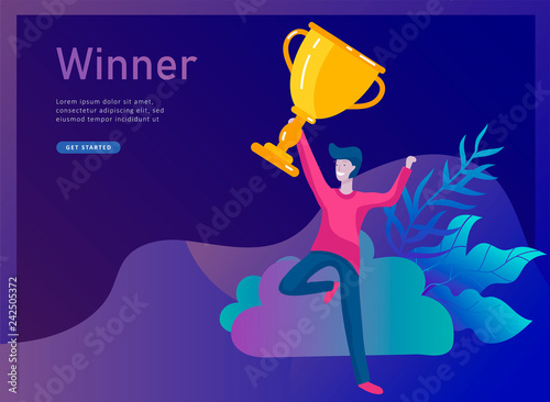 Business Team Success hold Golden winner cup, concept of people are happy with victory. Office Workers Celebrating with Big Trophy, ways goals, first place in business, financial growth. Landing page