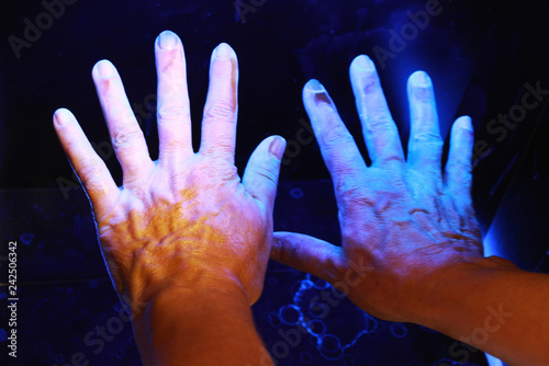 check with ultraviolet light after desinfection of hands photo