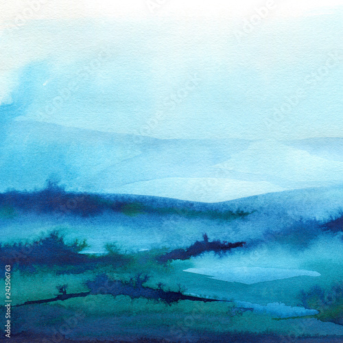 Hand painted blue watercolor background. Watercolor wash. 