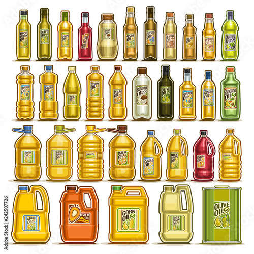 Vector set of Cooking Oil in Bottles, 34 cut out illustration of containers with refined oily product with label, glass jar with yellow virgin cholesterol liquid, can and jerrycan with extra maize oil