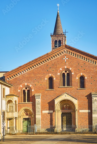 Main facade of the Basilica of Saint Eustorgio. View from Piazza Sant'Eustorgio square. Milan, Lombardy, Italy.