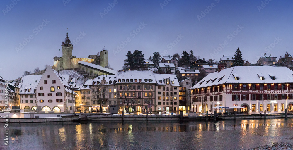 Schaffhausen, SH, Switzerland / 5 January, 2019: panorama view of the river Rhine and the city of Schaffhausen in winter