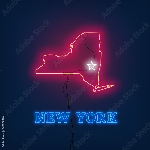 Neon map State of New York on dark background. Vector Illustration.