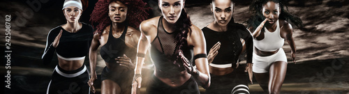 Group of five strong athletic women, sprinters, running on dark background wearing in the sportswear, fitness and sport motivation. Runner concept.