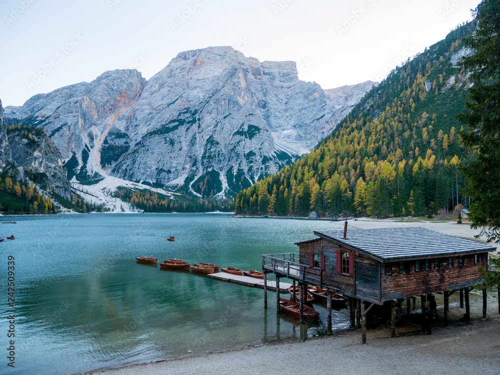 Braies Lake (Lago di Braies, Pragser Wildsee) in Dolomites mountains, Sudtirol, Italy.	