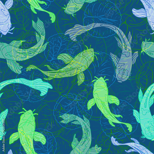 Koi fish or Asian carps swimming among transparent lotus leaves in a modern, graphic style. Seamless vector pattern.