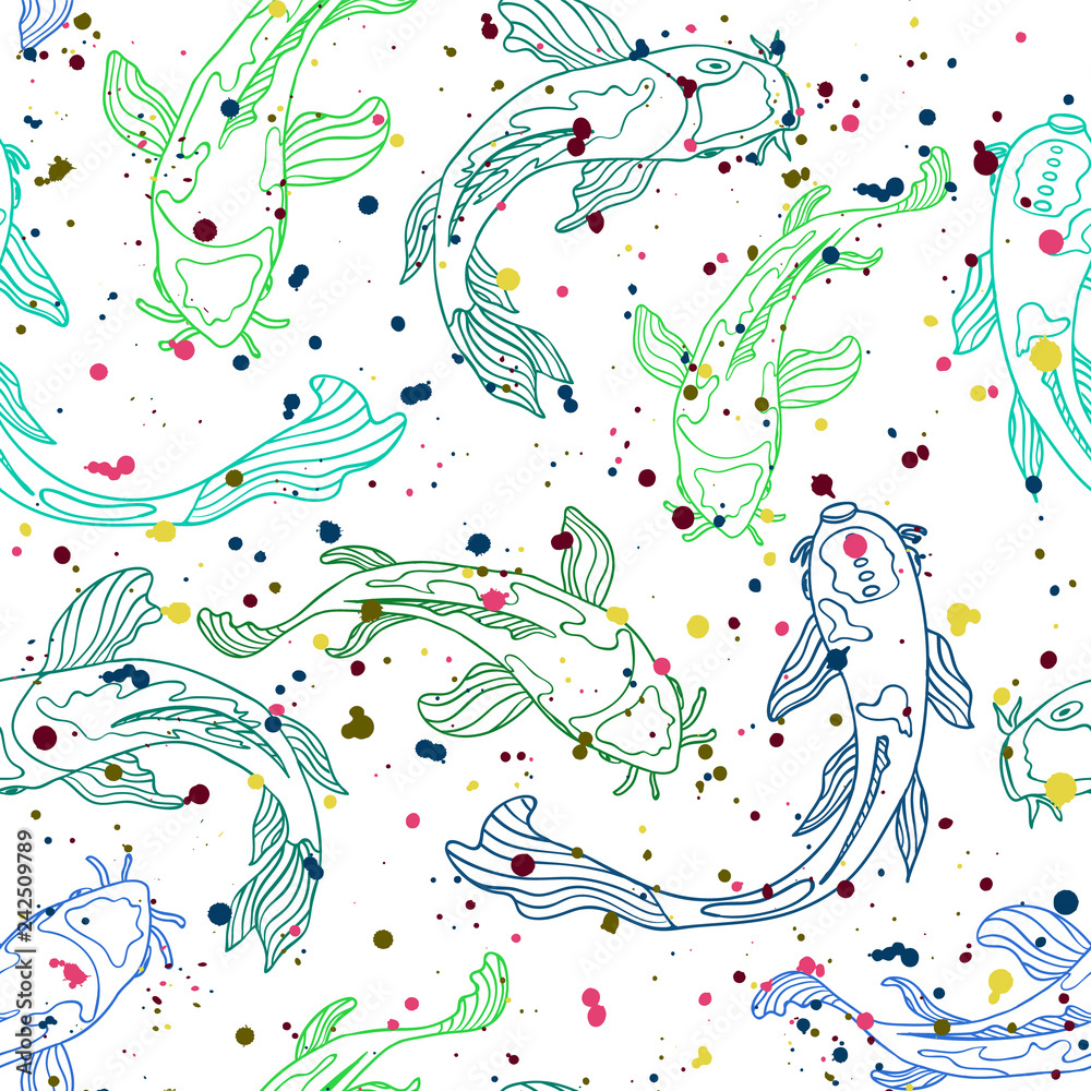 Blue and green line art Koi fish silhouettes covered with multicolored splatter texture. Seamless vector pattern