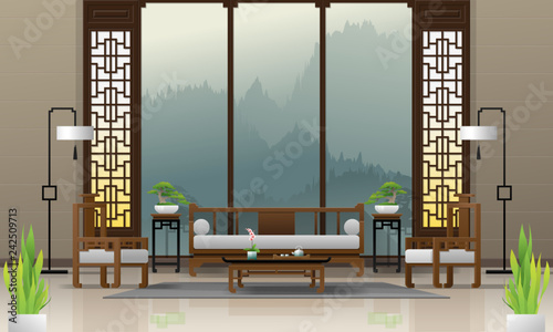 Luxury living room interior background with furniture in Chinese style , vector , illustration