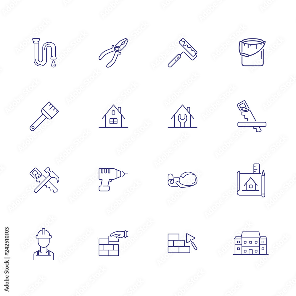 Home repair line icon set. Saw, hammer, brickwork, blueprint. Construction concept. Can be used for topics like housing housekeeping, renovation Home repair line icon set. Saw, hammer, brickwork, blueprint. Construction concept. Can be used for topics like housing housekeeping, renovation