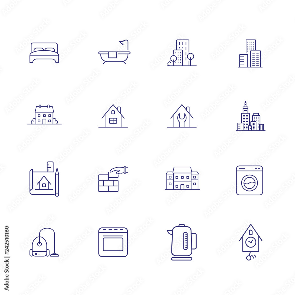 Housing line icon set. Bedroom, building, kettle. Construction concept. Can be used for topics like real estate development, apartment, rent, residential property