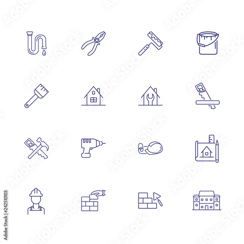 Home repair line icon set. Saw, hammer, brickwork, blueprint. Construction concept. Can be used for topics like housing housekeeping, renovation