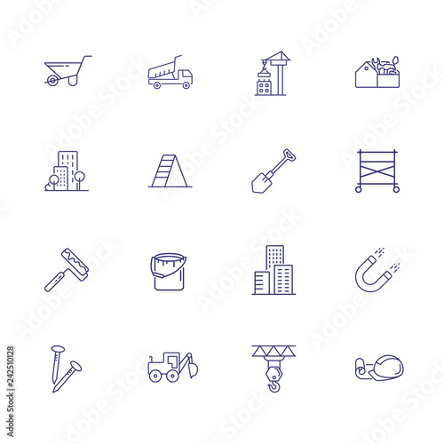 Housebuilding line icon set. Dump truck, scaffold, business center. Construction concept. Can be used for topics like real estate development, site, building works