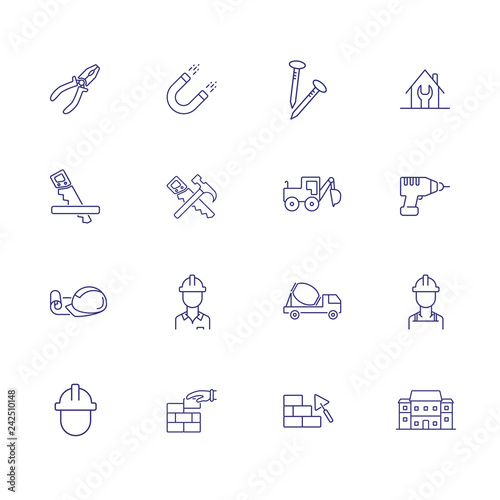 Housebuilding line icon set. Foreman, brickwork, hammer, house. Construction concept. Can be used for topics like site, building works, hand tools