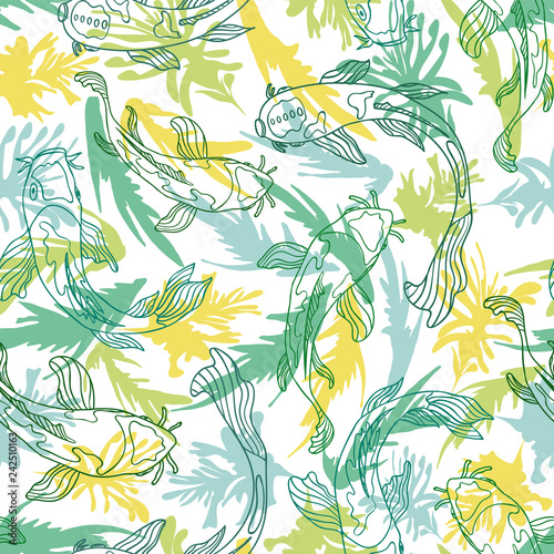 Lineart Koi fish silhouettes layered with pond vegetation in a green blue colors. Seamless vector pattern.