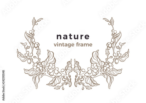 Vector frame. Line art wreath. Coffee bean, branch in wreath.